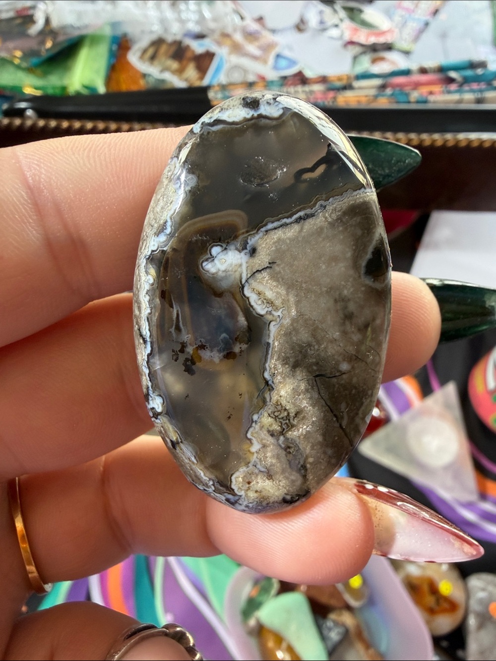 Polished Agate Oval Pendant — Gray and Cream Stone